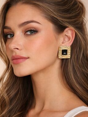 NEW. Gold Tone Square Statement Earrings Black Glass Center Textured Heavy